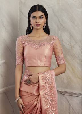Peach colour shimmer silk blend embroidered saree 3