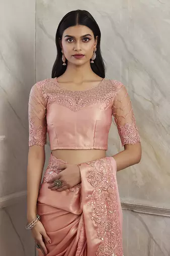 Peach colour shimmer silk blend embroidered saree