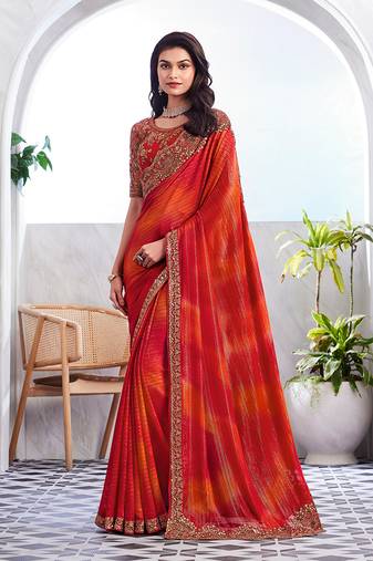 Red colour shimmer silk festival sarees by monjolika fashion