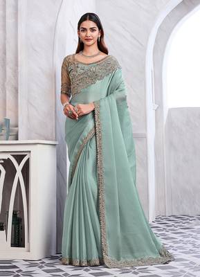 Sky blue colour satin silk embroidered sarees 1