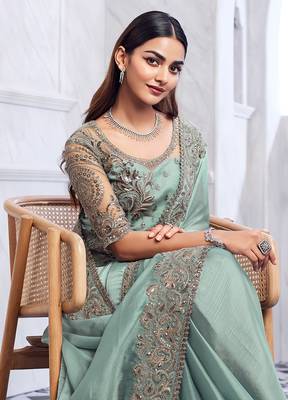 Sky blue colour satin silk embroidered sarees 2