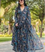 blue printed georgette  Partywear Long Gown,Gown for Women