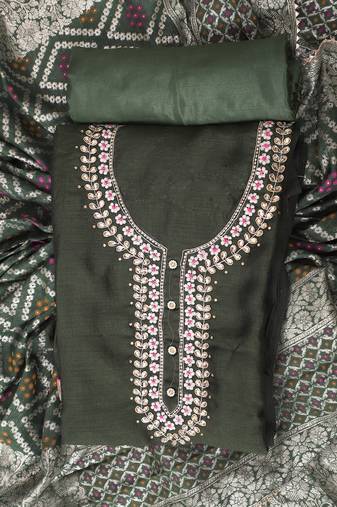Green embroidered unstitched dress material