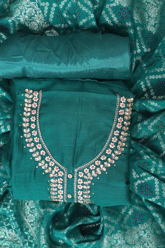 Green embroidered unstitched dress material