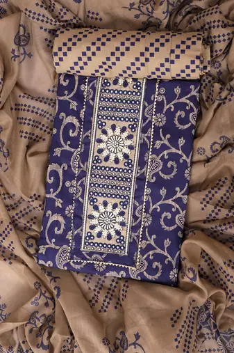 Navy blue embroidered unstitched dress material