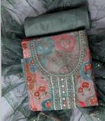 Grey embellished unstitched dress material
