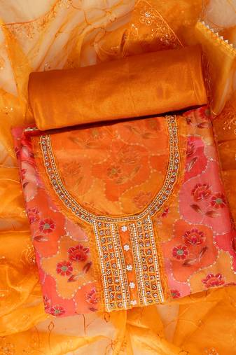 Orange embellished unstitched dress material