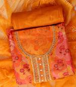Orange embellished unstitched dress material