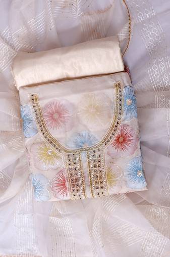 Off white embroidered unstitched dress material