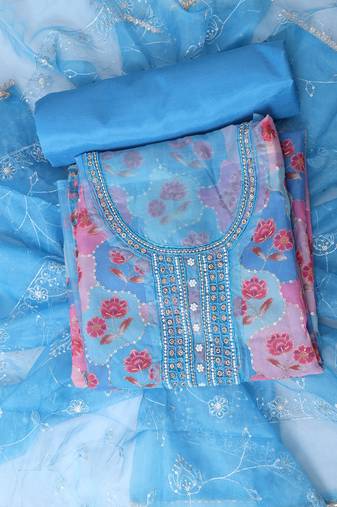 Blue embellished unstitched dress material