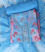Blue embellished unstitched dress material
