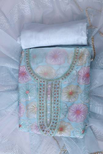 Blue embroidered unstitched dress material