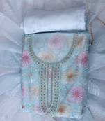 Blue embroidered unstitched dress material