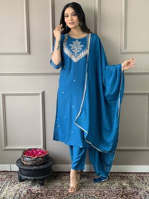 Petrol Embroidered Work Rayon Slub Fabric Straight Kurta, Pant and Dupatta Set 1