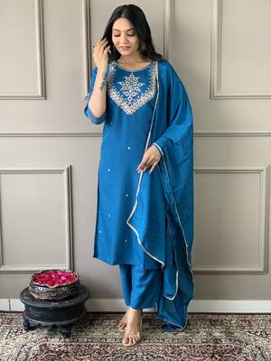 Petrol Embroidered Work Rayon Slub Fabric Straight Kurta, Pant and Dupatta Set 2