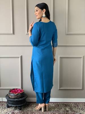 Petrol Embroidered Work Rayon Slub Fabric Straight Kurta, Pant and Dupatta Set 3