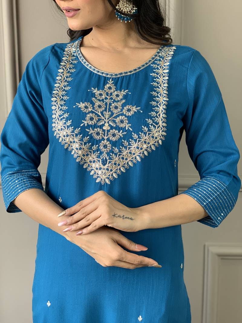 Petrol Embroidered Work Rayon Slub Fabric Straight Kurta, Pant and Dupatta Set