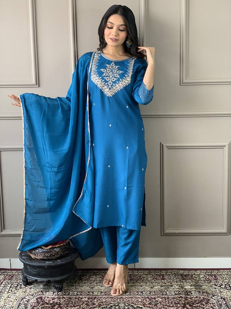 Petrol Embroidered Work Rayon Slub Fabric Straight Kurta, Pant and Dupatta Set