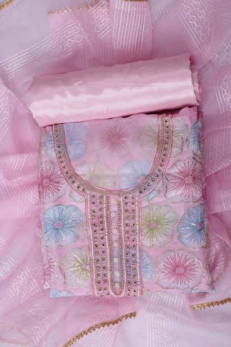 Pink embroidered unstitched dress material