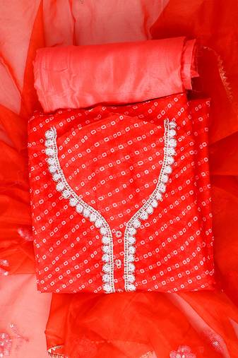Red printed unstitched dress material
