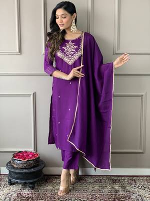 Wine Embroidered Work Rayon Slub Fabric Straight Kurta, Pant and Dupatta Set 1