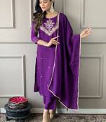 Wine Embroidered Work Rayon Slub Fabric Straight Kurta, Pant and Dupatta Set