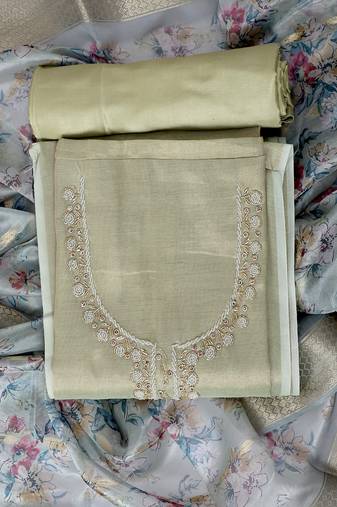 Olive green embroidered unstitched dress material