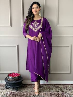 Wine Embroidered Work Rayon Slub Fabric Straight Kurta, Pant and Dupatta Set 2
