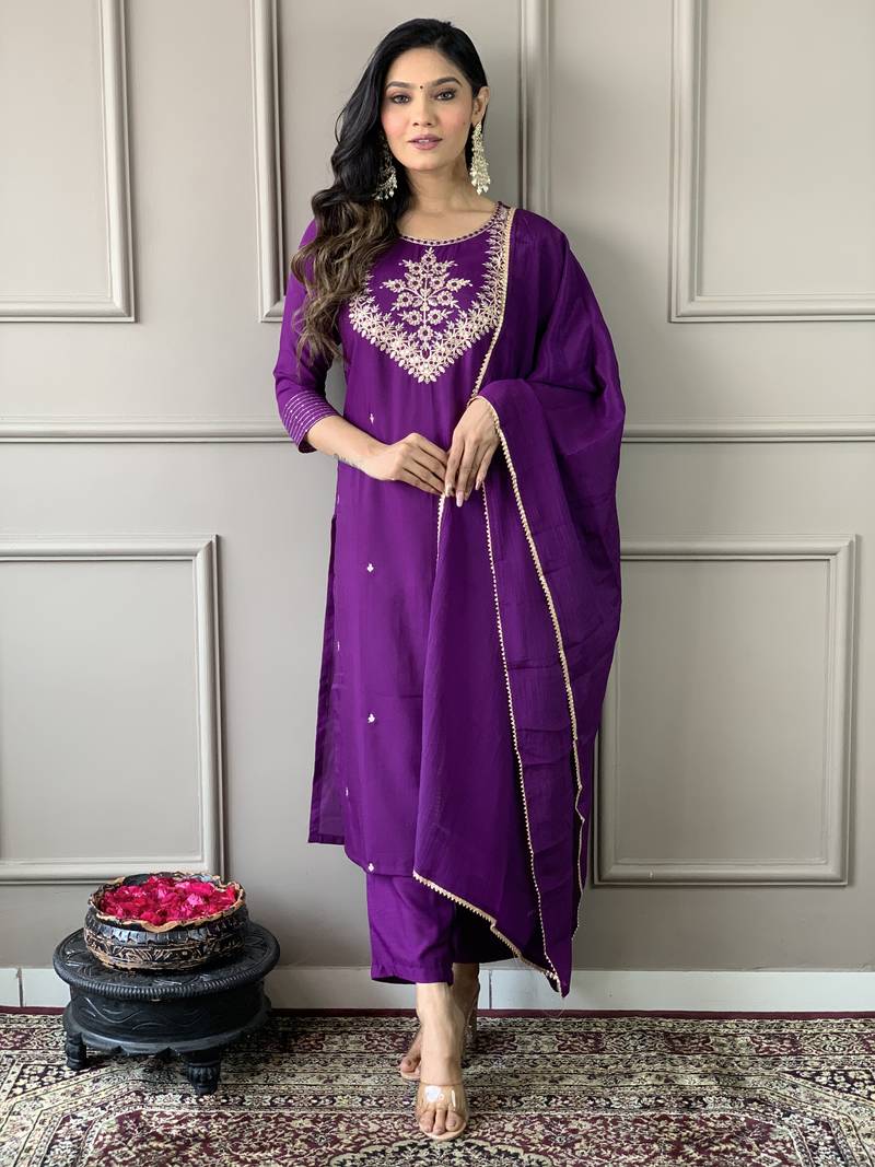 Wine Embroidered Work Rayon Slub Fabric Straight Kurta, Pant and Dupatta Set