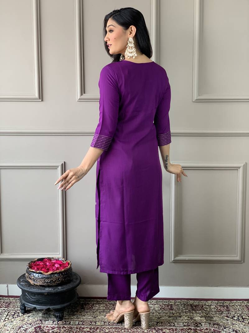 Wine Embroidered Work Rayon Slub Fabric Straight Kurta, Pant and Dupatta Set