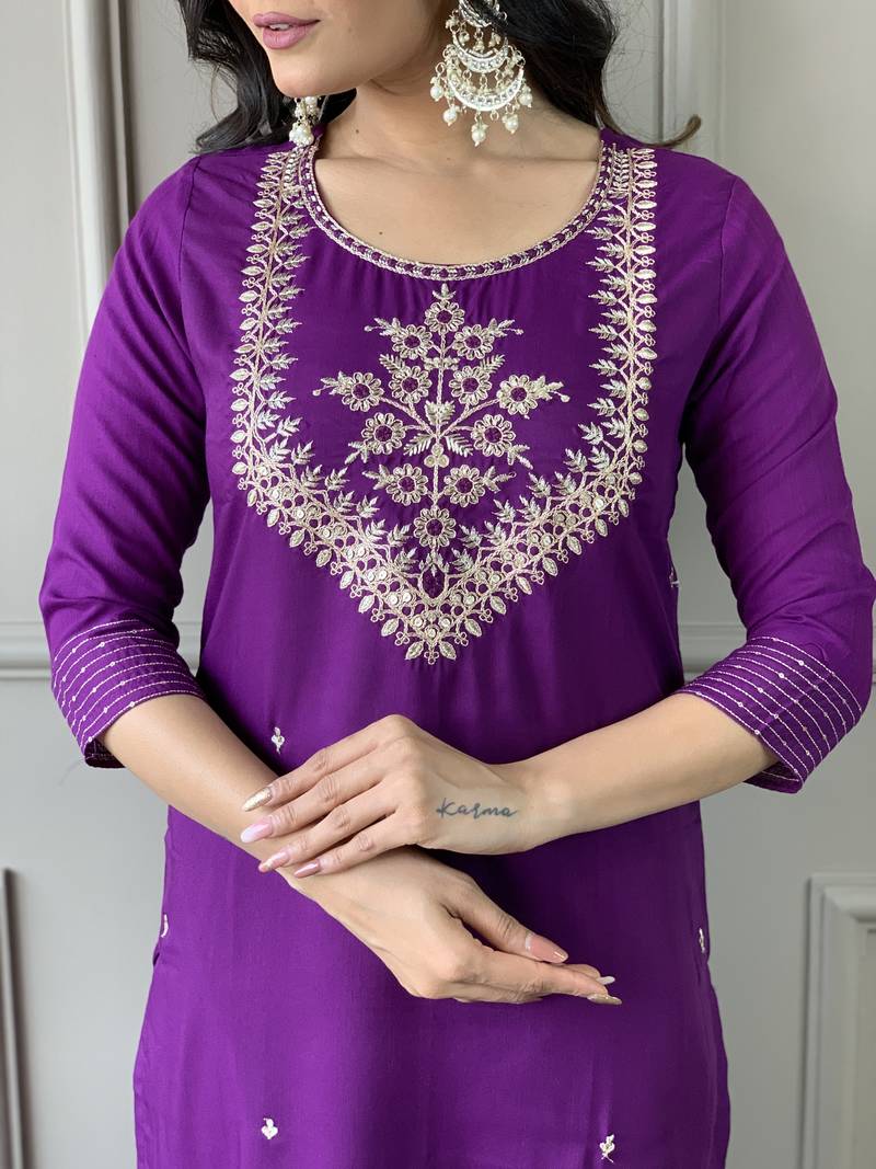 Wine Embroidered Work Rayon Slub Fabric Straight Kurta, Pant and Dupatta Set