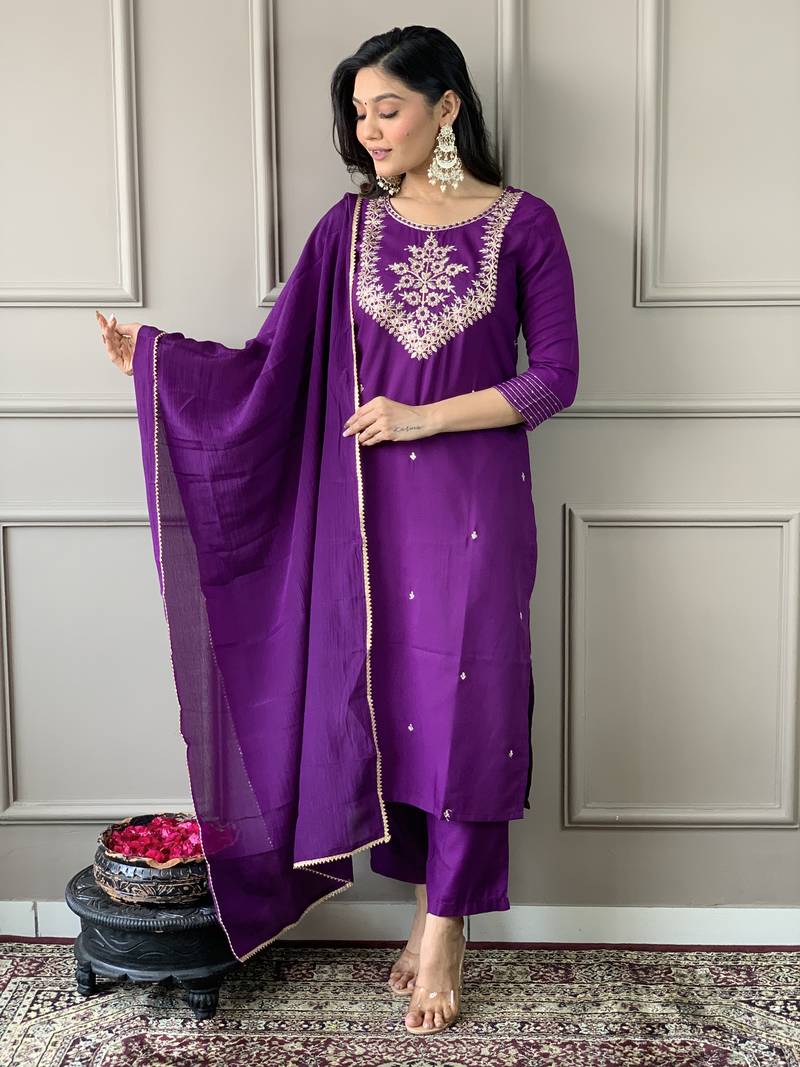Wine Embroidered Work Rayon Slub Fabric Straight Kurta, Pant and Dupatta Set