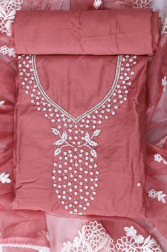 Mauve embroidered unstitched dress material