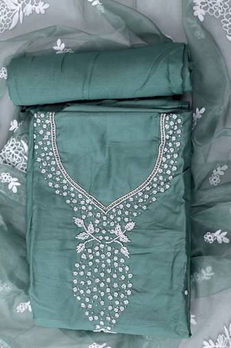 Green embroidered unstitched dress material