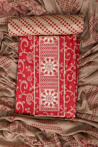 Red embroidered unstitched dress material