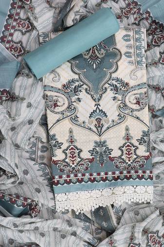 Blue printed unstitched dress material