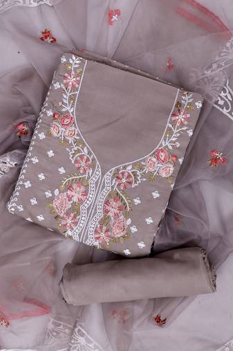 Brown embroidered unstitched dress material