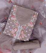 Brown embroidered unstitched dress material