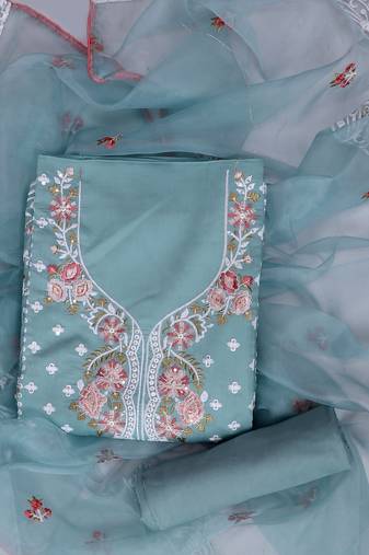 Green embroidered unstitched dress material