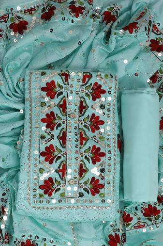 Green embroidered unstitched dress material