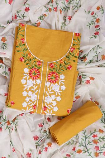 Mustard embroidered unstitched dress material