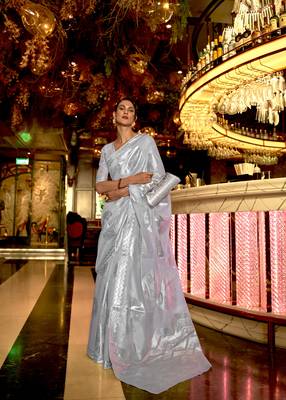 Rajtex Silver Woven Zari Silk Saree With Blouse 1