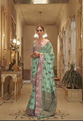 Rajtex Cyan Woven Zari Silk Saree With Blouse 1