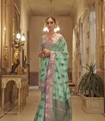 Rajtex Cyan Woven Zari Silk Saree With Blouse