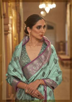 Rajtex Cyan Woven Zari Silk Saree With Blouse 2
