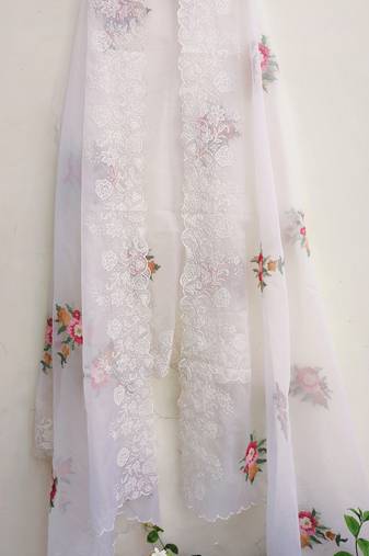 Women's Organza white with multi color thread embroidered dupatta