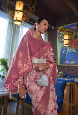 Rajtex Baby Pink Woven Shimmer-Sarees With Blouse 2