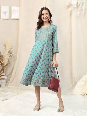 Baby Blue Maroon Foil Print Mirrar Work Rayon Kurta 1