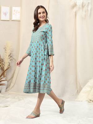 Baby Blue Maroon Foil Print Mirrar Work Rayon Kurta 2
