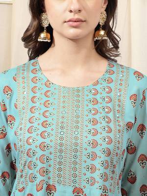 Baby Blue Maroon Foil Print Mirrar Work Rayon Kurta 4